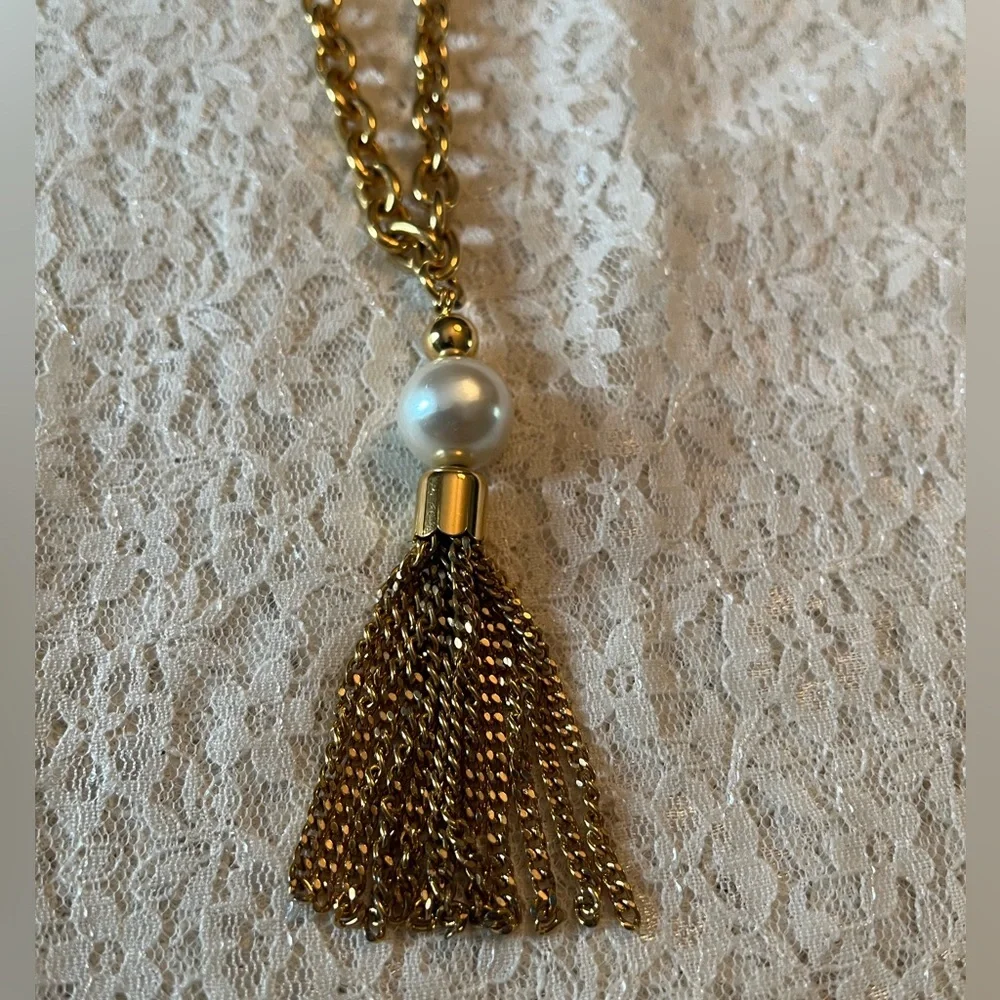 Napier/vintage gold and pearl, tasseled pearl pendant necklace, 34” long *